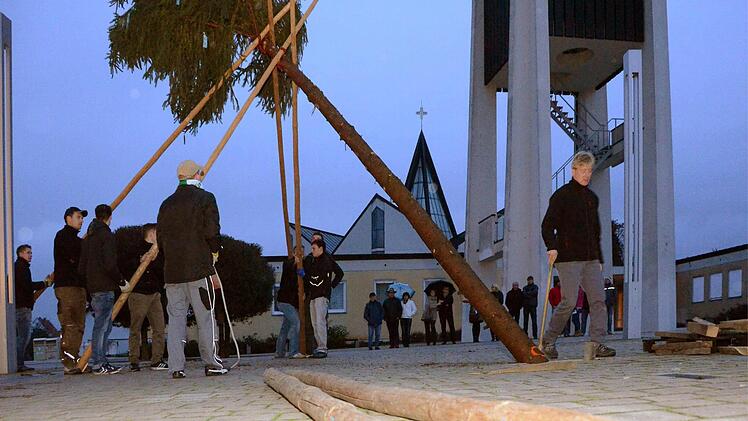 Die mit bunten Bändern geschmückte Fichte wurde neben dem Rathaus in Oerlenbach aufgestellt. Foto: Peter Rauch
