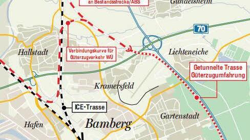 Der Trassenvorschlag von Bahnsinn Bamberg: die getunnelte Güterzugumfahrung. Sie soll Bamberg vor der Teilung bewahren und die Anwohner im Osten durch ein Tunnel