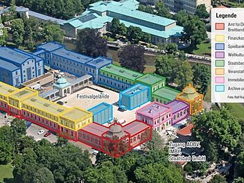 Eine Übersicht über das neue Behördenzentrum im Luitpoldbad: Geblieben sind Spielbank samt Verwaltung (blau), neu eingezogen sind die Finanzkasse (gelb), das Vermessungsamt (rot), die Staatsbad GmbH (grün) sowie das Büro der Immobilien Freistaat Bayern über dem Haupteingang im Südportal (pink). Baulich wurde das Ensemble durch zwei Archive (hellblau) ergänzt, im südöstlichen Eck-Pavillon (orange) sind Veranstaltungen und Trauungen möglich, daneben soll eine Ausstellung zur Geschichte Bad Kiss...