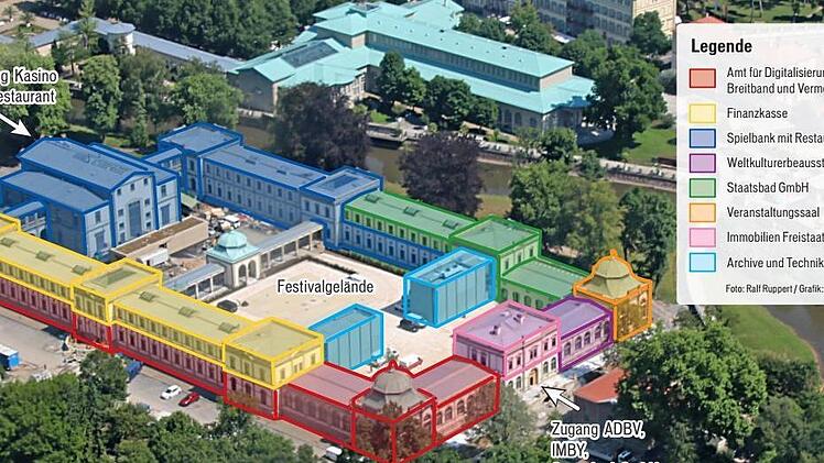 Eine Übersicht über das neue Behördenzentrum im Luitpoldbad: Geblieben sind Spielbank samt Verwaltung (blau), neu eingezogen sind die Finanzkasse (gelb), das Vermessungsamt (rot), die Staatsbad GmbH (grün) sowie das Büro der Immobilien Freistaat Bayern über dem Haupteingang im Südportal (pink). Baulich wurde das Ensemble durch zwei Archive (hellblau) ergänzt, im südöstlichen Eck-Pavillon (orange) sind Veranstaltungen und Trauungen möglich, daneben soll eine Ausstellung zur Geschichte Bad Kiss...