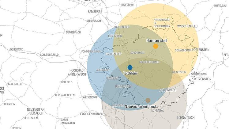 Bewegungsradien für die Bewohner von Forchheim, Ebermannstadt und Neunkirchen am Brand
