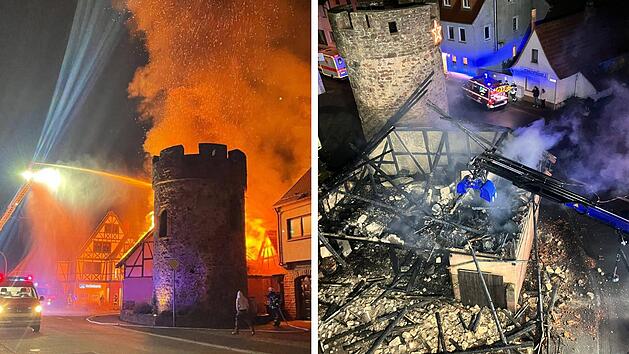 Feuer nahe Kreuzwertheimer Wahrzeichen - dramatische Szenen