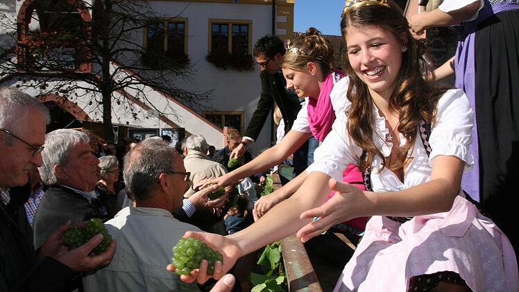 Melanie Dietrich verteilt auf dem Volkacher Winzerfest Träubel ans Publikum. Foto: Pfannes