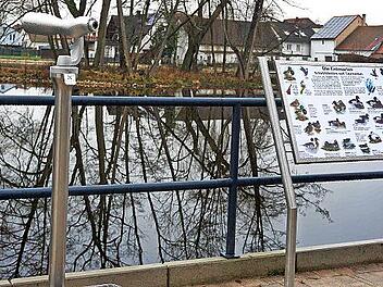 Das Ufer des Badweihers an der Staatsstraße mit Infotafel, Fernrohr, Pflaster und Geländer