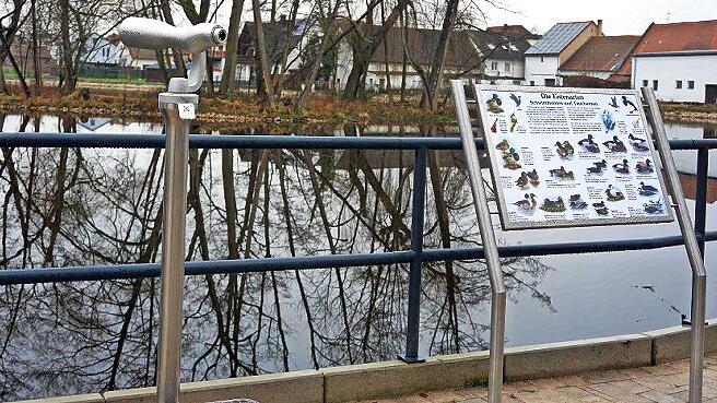 Das Ufer des Badweihers an der Staatsstraße mit Infotafel, Fernrohr, Pflaster und Geländer