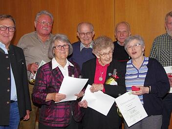 Für 40-, 50- und 60-jährige Mitgliedschaft ehrte Vorsitzender Bernd Eisenmann (von llinks) Hans Dünninger, Anneliese Metz, Winfried Schmidt, Christa Nürnberger, Ernst Schmitt, Margarete Rothaug sowie Eduard Streit. Foto: Klaus Werner
