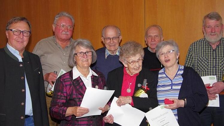 Für 40-, 50- und 60-jährige Mitgliedschaft ehrte Vorsitzender Bernd Eisenmann (von llinks) Hans Dünninger, Anneliese Metz, Winfried Schmidt, Christa Nürnberger, Ernst Schmitt, Margarete Rothaug sowie Eduard Streit. Foto: Klaus Werner