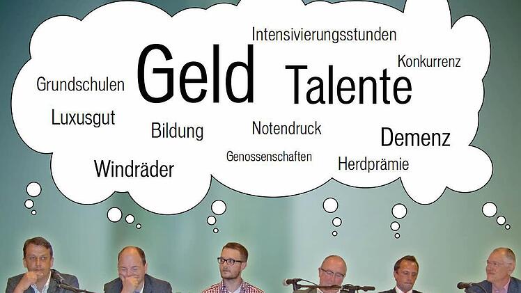 Diskutierten in Neunkirchen über die Vorstellungen einer gerechten und lebenswerten Gesellschaft (v. l.): Reiner Büttner, Michael Hofmann, Patrick Schroll, Moderator Wolfgang Simon, Thorsten Glauber und Karl Waldmann. Foto: Malbrich; Grafik: Schäfer