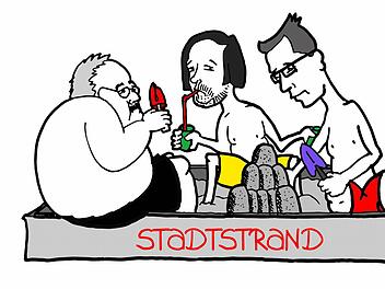 Warum sich streiten, wenn man am Königsstrand spielen kann? Die Diskussion um den Stadtstrand hat den Forch-Zeichner Simon Michael zu dieser Karikatur mit Bürgermeister Franz Streit (CSU) und den Stadträten Sebastian Körber (FDP) und Uwe Kirschstein (SPD) inspiriert.
