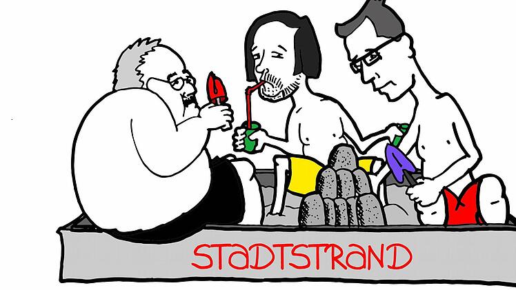 Warum sich streiten, wenn man am Königsstrand spielen kann? Die Diskussion um den Stadtstrand hat den Forch-Zeichner Simon Michael zu dieser Karikatur mit Bürgermeister Franz Streit (CSU) und den Stadträten Sebastian Körber (FDP) und Uwe Kirschstein (SPD) inspiriert.