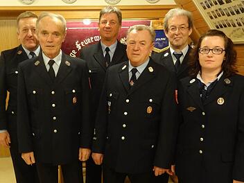 Der Zweite Vorsitzende Günter Heid, Richard Weber, Reinhard Müller, Hans Förtsch, Kommandant Alfred Heid und die Vorsitzende Cornelia Heid (v.l.) freuen sich über die hohen Auszeichnungen der drei Feuerwehrleute. Foto: fra-press