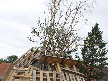 Wenn's zu gefährlich ist, geht's eben nicht: Der Holzstoss in Losbergsgereuth (Marktgemeinde Rentweinsdorf) stand am Sonntag noch. Vielleicht setzt nächstes Wochenende jemand die Fackeln an. Foto: Ralf Kestel