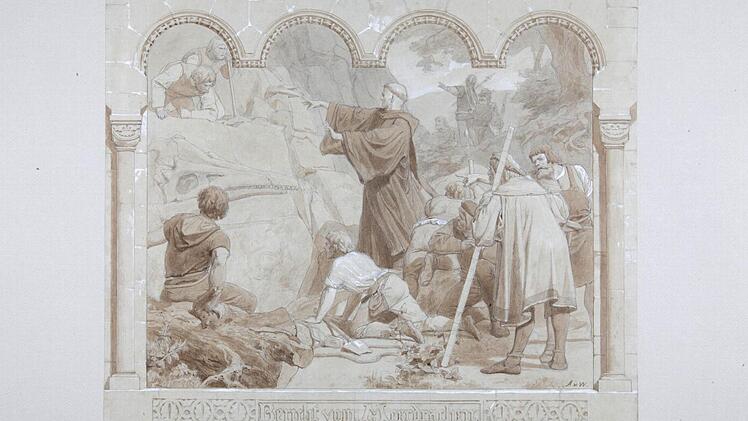 Der beliebte Dichter hat auch zeichnen lassen, zum Beispiel Anton von Werner diese Illustration für seinen "Bericht vom Meerdrachen". Scheffel lässt den Mönch Nicodemus den versteinerten Ichthyosaurus-Schädel finden. Copyright: Kunstsammlung der Wartburg-Stiftung
