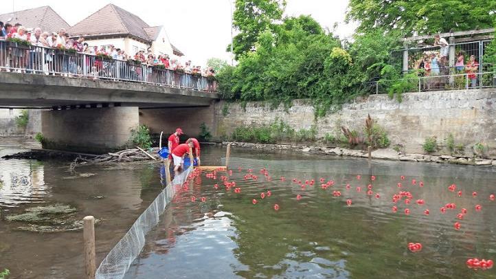 Viele Zuschauer verfolgten das Entenrennen auf der Rodach. Foto: privat