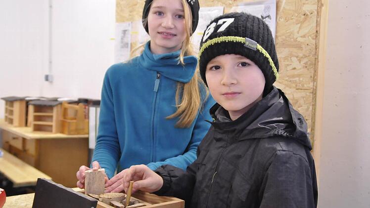 Mit Sorgfalt befüllen Laura Weinberger und Kevin Weinberger ihr Insektenhotel. Foto: Klopf