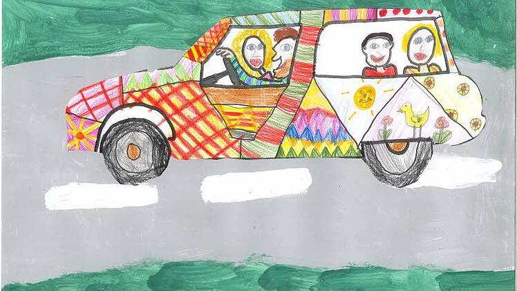 Mit diesem Bild hat Sophie Kaps aus der Klasse 1c der Grundschule Ebern einen ersten Platz bei dem Wettbewerb "jugend creativ" gewonnen. Ihre Mobilität drückt sie mit einem Auto aus, das ganz nach dem Stil des amerikanischen Künstlers James Rizzi gestaltet ist.