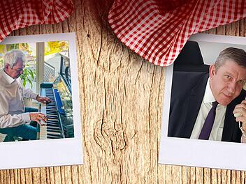 Johann Kalb (l.) zieht sich in der Krise gerne an seinen Lieblingsplatz, das heimische Klavier zurück, während Andreas Schwarz (r.) aufs Telefonieren nicht verzichten kann. Grafik: Micho Haller/Fotos: privat