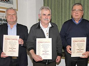 Die drei neuen Ehrenmitglieder (v. l.) Alfons Händel, Manfred Pihl und Gerhard Kaspar  Foto: Mathias Erlwein