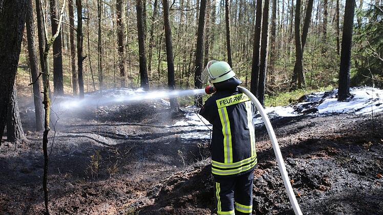 Bei einem Feuer im Kreis Nürnberger Land (Mittelfranken) gerieten am Freitag rund tausend Quadratmeter Wald in Brand. Die Feuerwehr rückte mit einem Großaufgebot an und löschte die Flammen. Foto: NEWS5 / Fechner