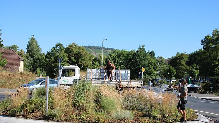 Mitarbeiter der Firma Garten- und Landschaftsbau Vogt halten mit viel Wasser die Pflanzen im Innern des Hammelburger Kreisels am Leben.