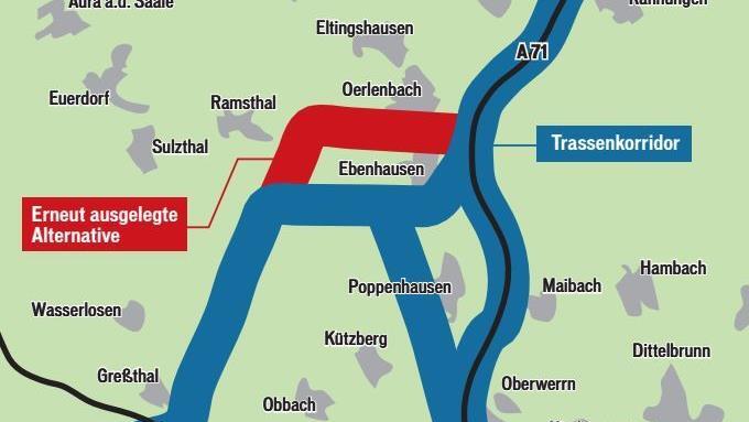 Eine eigentlich schon verworfene Trassenführung der Gleichstrom-Leitung Südlink im östlichen Landkreis sorgt für Verwirrung. Sie soll zwischen Oerlenbach und Ebenhausen entlangführen. Quelle: Bundesnetzagentur/Grafik: Klaus Heim
