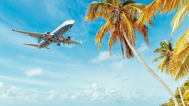 Flugzeug landet in einem karibischen Resort Urlaubsziel Flugreise Urlaub Reise