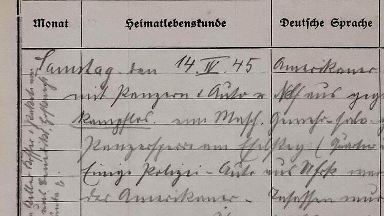 Ausschnitt der handschriftlichen Einträge beim Einmarsch der Amerikaner