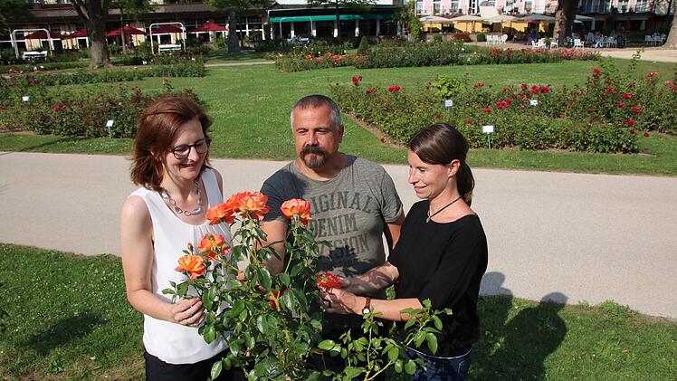 Kurdirektorin Sylvie Thormann, Gärtner Holger Pfaff und Kathrin Betzen von der Marketingabteilung mit der Rose "Schöne vom See".   Foto: Ralf Ruppert