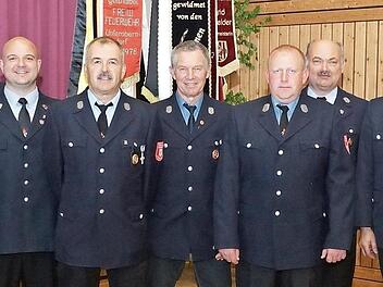 Gruppenbild mit den geehrten Feuerwehrleuten und Bürgermeisterin Sigrid Reinfelder Foto: Johannes Michel
