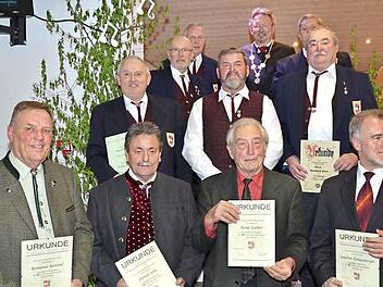 Diese Jubilare halten der Sängerrunde Welitsch schon Jahrzehnte als Mitglieder die Treue. Vorne (von links): Romanus Konrad, Ottmar Fehn, Franz Gerber, Joachim Ranzenberger; zweite Reihe (von links): Hilmar Fiedler, Dieter Kleiner, Reinhard Horn; hintere Reihe (von links): Ehrenchorleiter Hans Konrad, Hans Brückner, Bürgermeister Hans Pietz und Rüdiger Detsch (Vorsitzender). Fotos: K.-H. Hofmann