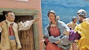 Detailszene: Maria und Josef suchen eine Herberge und werden vom Wirt der Osteria abgewiesen.