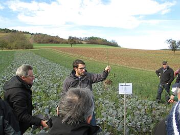 Rainer Schubert und Jan R&ouml;ger (2. und 3. von links) stellten den Besuchern die einzelnen Zwischenfruchtmischungen vor und erkl&auml;rten die verschiedenen Mischungspartner und deren Aufgaben in und &uuml;ber der Erde. Ca. 35 Landwirte erhalten auf ihre betriebsindividuellen Fachfragen zu Auswahl, Kosten, Saatgutmenge, Saatzeitpunkt und Behandlung der Zwischenfrucht detaillierte und praxisbezogene Antworten.