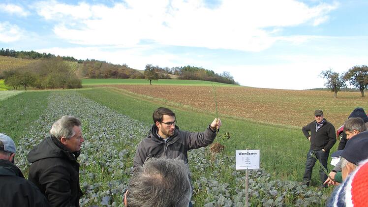 Rainer Schubert und Jan R&ouml;ger (2. und 3. von links) stellten den Besuchern die einzelnen Zwischenfruchtmischungen vor und erkl&auml;rten die verschiedenen Mischungspartner und deren Aufgaben in und &uuml;ber der Erde. Ca. 35 Landwirte erhalten auf ihre betriebsindividuellen Fachfragen zu Auswahl, Kosten, Saatgutmenge, Saatzeitpunkt und Behandlung der Zwischenfrucht detaillierte und praxisbezogene Antworten.