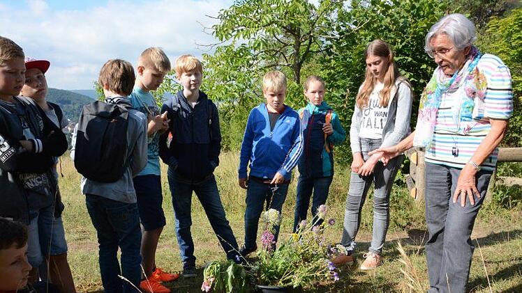 Ingrid Miltner vom BN lässt die Kinder Pflanzen bestimmen. Elisabeth Assmann