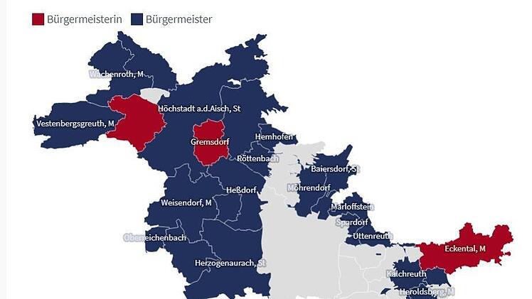Die roten Flecken auf der Landkarte sind die von Frauen angeführten Rathäuser im Landkreis Erlangen Höchstadt: drei Stück an der Zahl.