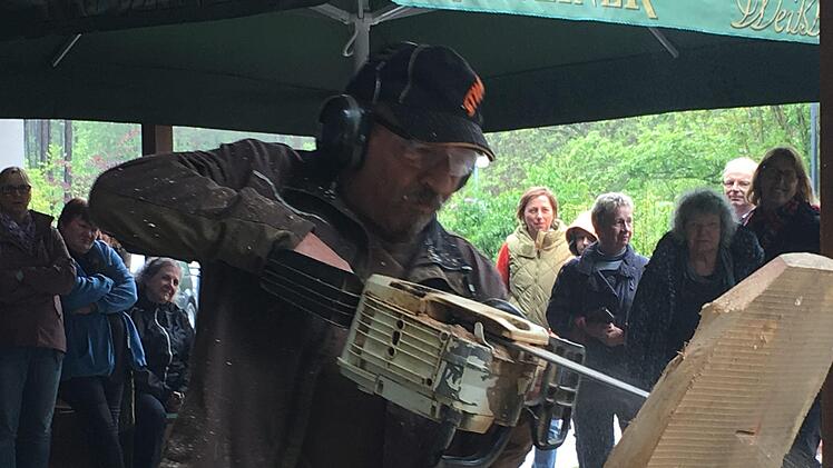 Robert Reuscher von der Kunstscheune aus Burghausen zauberte mit seiner Motorsäge in nur wenigen Minuten Gesichter in Holz. So lässt sich jede Nisthilfe verschönern.  Kerstin Väth