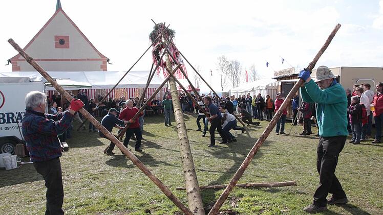 Gestärkt mit ein paar Maß Bier hievten die Kirchehrenbacher Heimatfreunde den Kerwasbaam in die Senkrechte. Dazu gab es Kerwasliedla.  Foto: ah