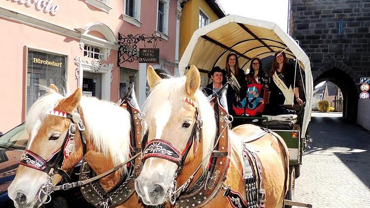 Die Kutsche mit den drei K&ouml;niginnen aus der Welt der Agrarerzeugnisse fuhr gestern von H&ouml;chstadt nach M&uuml;hlhausen. Fotos: Dieter Gropp