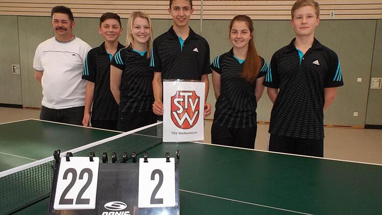 Die Jungen des TSV Weißenbrunn wurden in der 2. Kreisliga Meister. Unser Bild zeigt das erfolgreiche Team mit Abteilungs- und Jugendleiter Peter Scholz, Felix Knöchel, Victoria Tauber, Jakob Neubauer, Leonie Knöchel und Max Ruppert. Foto: Petra Scholz