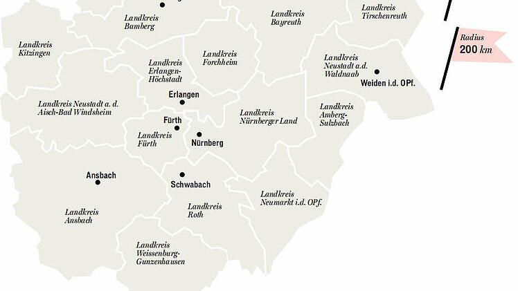 Die Metropolregion Nürnberg hier mit den südlichen Landkreisen Neumarkt/Oberpfalz, Roth, Weissenburg-Gunzenhausen und Ansbach. Dafür fehlen die nördlichen Landkreise Kulmbach, Coburg, Lichtenfels und Hof