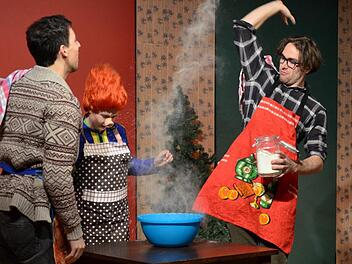 Nicht nur Vincenzo Tatti (von links)   Tonja Fechter und Lukas Redemann  begeisterten in "Das Sams feiert Weihnachten". Die ganze Truppe des Theaters Schloss Maßbach spielte sehr genau und sehr pointiert. Foto: Sebastian Worch