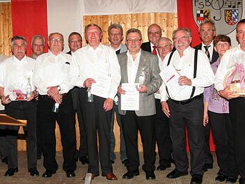 Ein Foto aus der Geschichte des Vereins: Zahlreiche langjährige Mitglieder des Männergesangvereins Stöppach sind im Juni 2013 bei der Jubiläumsfeier in der Schernecker Sporthalle ausgezeichnet worden. Foto: Michael Stelzner