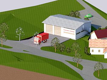 Neben dem Feuerwehrgerätehaus von Löbelstein (r.) wird eine Halle für zwei weitere Feuerwehrfahrzeuge sowie Umkleiden entstehen. Das Bauamt erstellt weitere Gestaltungsvarianten.