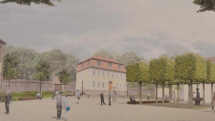 Kleiner Park mit kubisch geschnittenen Bäumen als Blickfang.