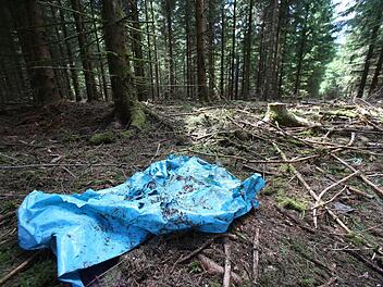 ARCHIV - Ein blauer Kunststoff-Sack liegt am 06.07.2016 in einem Waldstück im Saale-Orla-Kreis bei Rodacherbrunn (Thüringen), in dem auch Skelettteile von Peggy gefunden worden waren. Foto: Daniel Karmann/dpa
