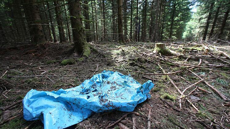 ARCHIV - Ein blauer Kunststoff-Sack liegt am 06.07.2016 in einem Waldstück im Saale-Orla-Kreis bei Rodacherbrunn (Thüringen), in dem auch Skelettteile von Peggy gefunden worden waren. Foto: Daniel Karmann/dpa