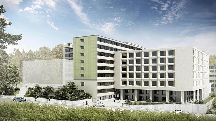 Mit dem "Neubau Süd" beginnt das nächste Bauprojekt am Klinikum, für das Investitionen von über 120 Millionen Euro vorgesehen sind. Der hell markierte Körper (links) auf dem bisherigen Vorplatz des Klinikums stellt den Interimsbau dar, wo übergangsweise unter anderem 90 Patientenbetten Platz finden. Foto: Klinikum