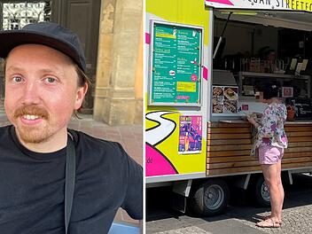 Das Bild zeigt links einen lächelnden Mann mit Mütze und rechts einen Foodtruck mit Kunden. Der Truck hat ein farbenfrohes Design und bietet veganes Streetfood an.