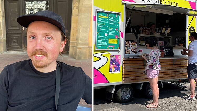 Das Bild zeigt links einen lächelnden Mann mit Mütze und rechts einen Foodtruck mit Kunden. Der Truck hat ein farbenfrohes Design und bietet veganes Streetfood an.