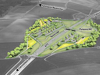 Liegt auf den  "Langen Bergen", wird aber ihren Titel eher nicht tragen: die geplante Raststätte bei Drossenhausen.Grafik: Brugger Landschaftsarchitekten